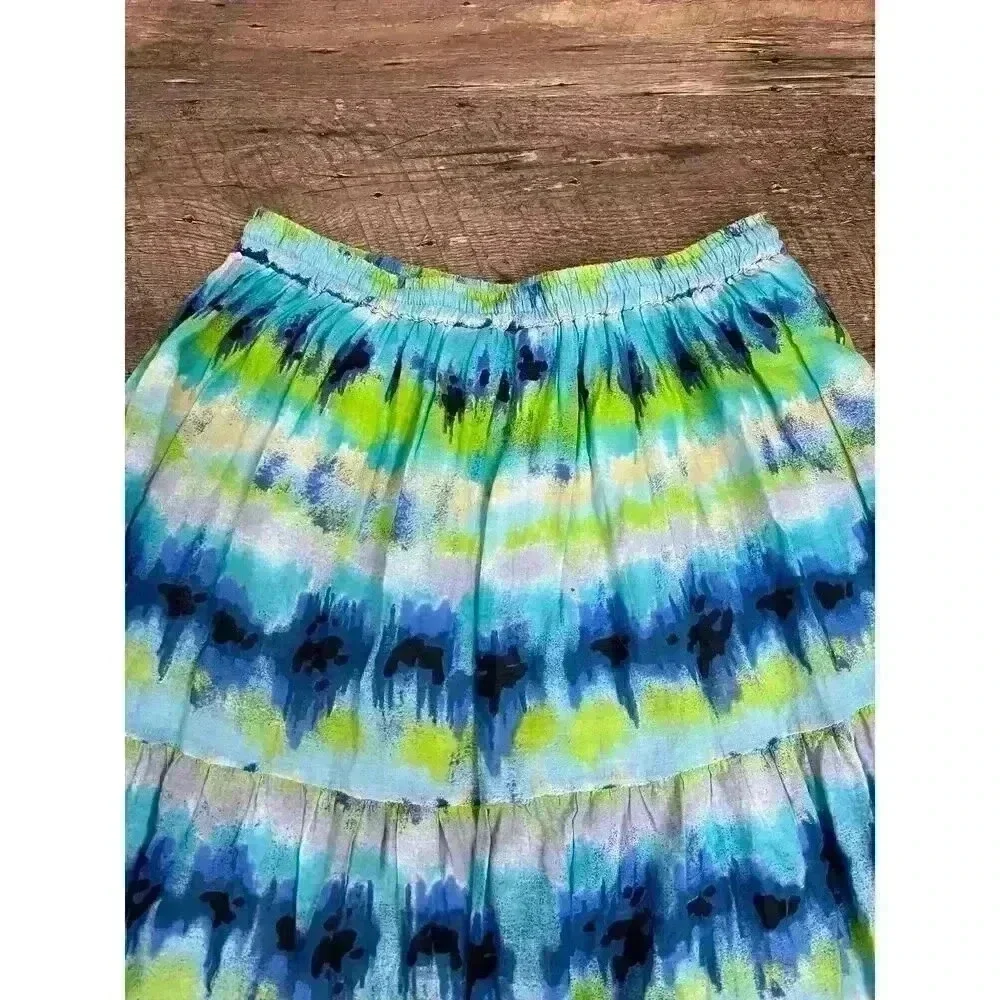 Jane Ashley Tiered Maxi Pull On Skirt Multi-Color Blue Green Women's PM Boho